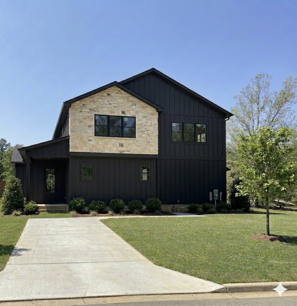 Exterior — Dark board & batten with stone facade